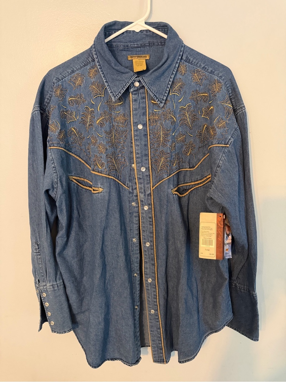 Western Embroidered Pearl Snap Denim Shirt - Blue with Gold Stitching